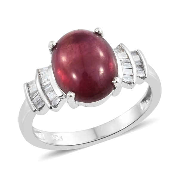 4.75 Ct African Ruby and Diamond Ring in Platinum Plated Silver