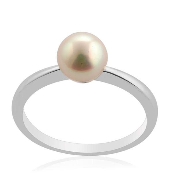 Japanese Akoya Pearl (Rnd) Solitaire Ring in Platinum Overlay Sterling Silver 