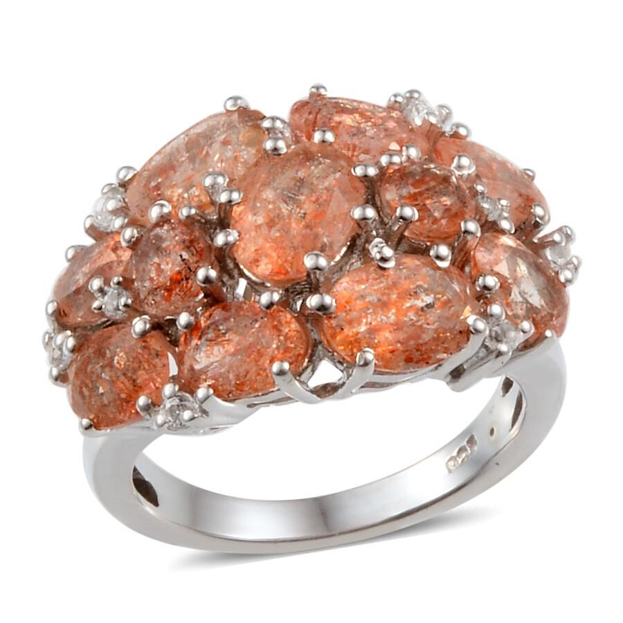 Tanzanian Sun Stone (Ovl), White Topaz Ring in Platinum Overlay Sterling Silver 5.500 Ct.