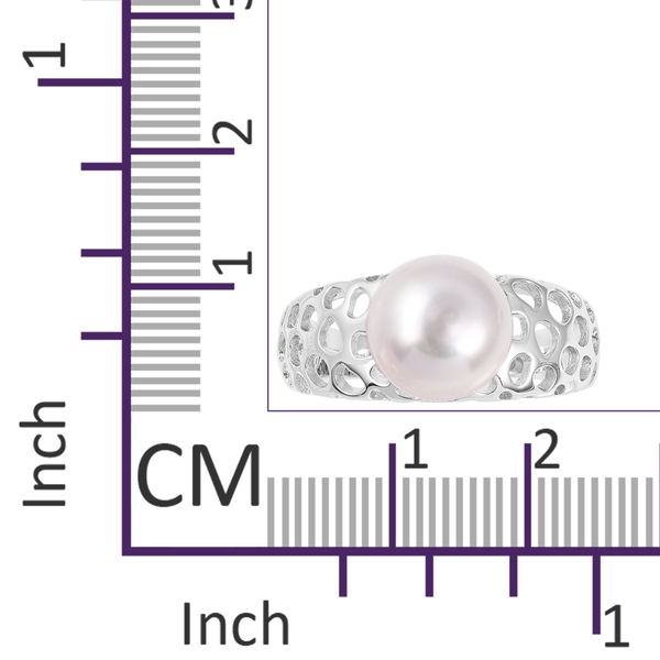 RACHEL GALLEY Very Rare White South Sea Pearl (Rnd 10 mm) Lattice Ring in Rhodium Overlay Sterling Silver
