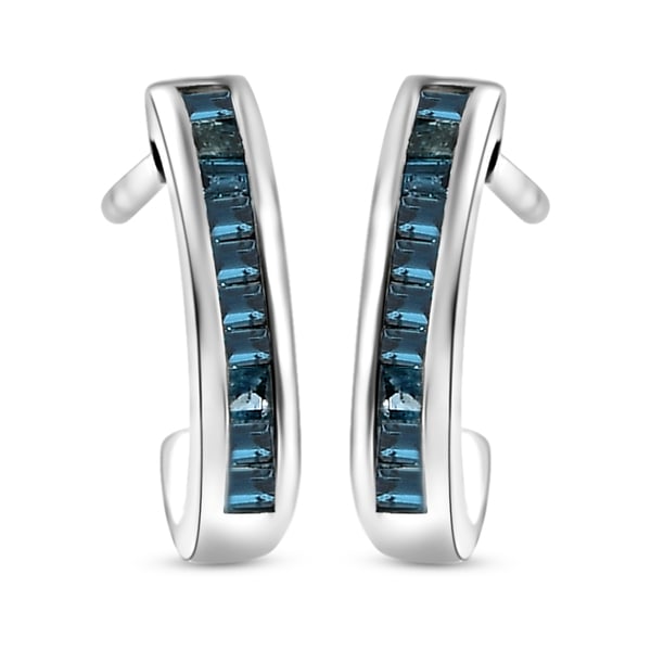 Blue Diamond J Hoop Earrings (With Push Back) in Platinum Overlay Sterling Silver 0.26 Ct.