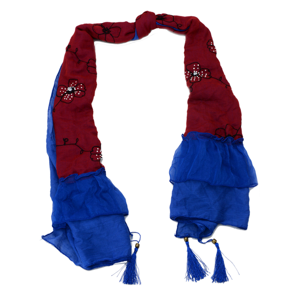 Floral Pattern Blue and Red Colour Scarf with Resin Crystal (Size 180x70 Cm)