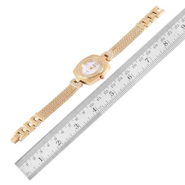 STRADA Japanese Movement White Austrian Crystal Studded White Dial Water Resistant Watch in Gold Tone with Stainless Steel Back and Chain Strap