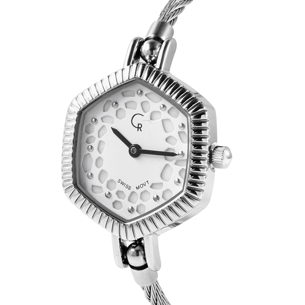 RACHEL GALLEY Swiss Movement 5ATM Water Resistant Lattice Design White MOP Dial Bangle Watch (Size 6.5-7) in Stainless Steel
