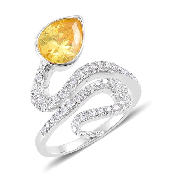 ELANZA AAA Simulated Citrine and Simulated White Diamond Ring in Rhodium Plated Sterling Silver