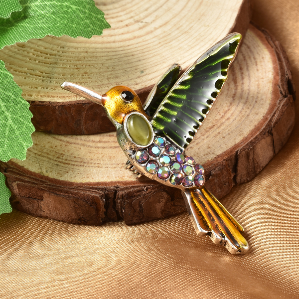 Simulated Green Cats Eye, Black Austrian Crystal and Purple Magic Colour Austrian Crystal Enamelled Hummingbird Brooch in Silver Tone