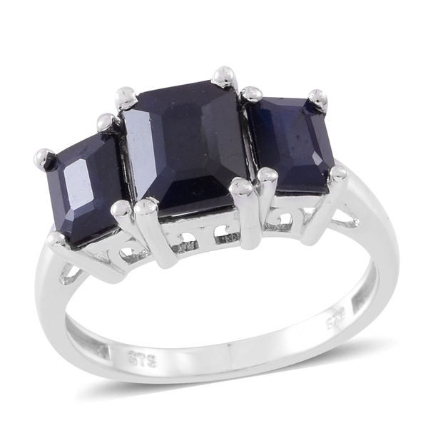 6.78 Ct Madagascar Blue Sapphire Trilogy Ring in Rhodium Plated Sterling Silver