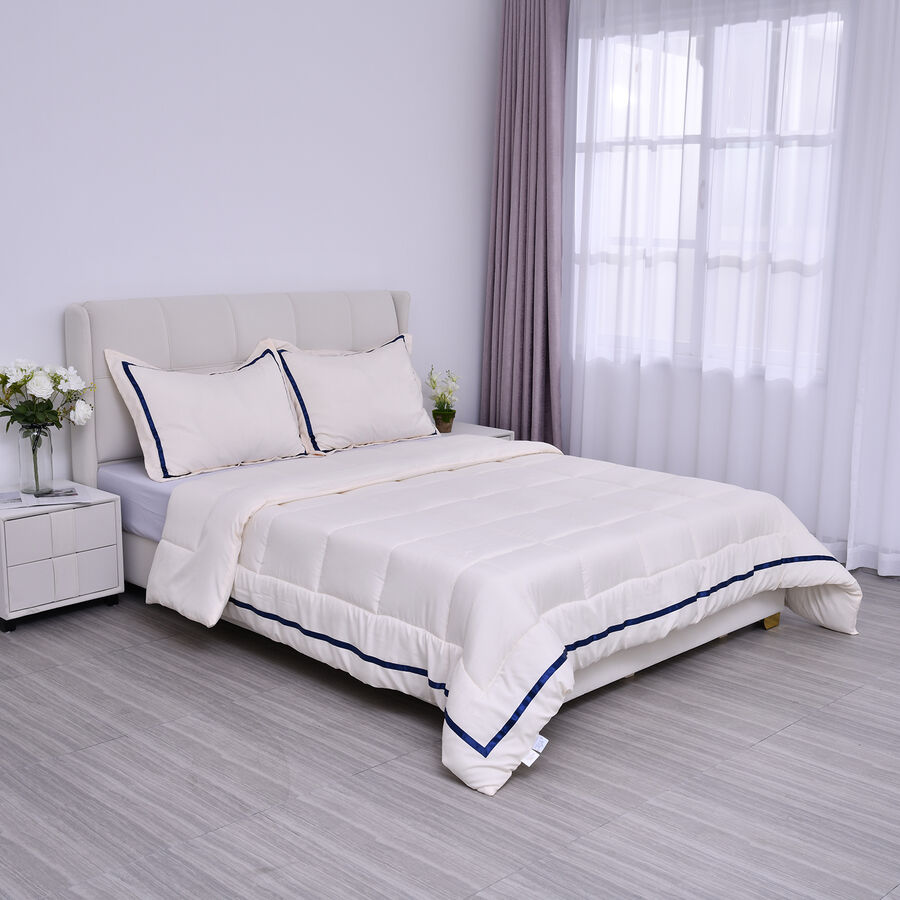 3 Piece Set - Serenity Night Square Pattern 1 Comforter (Size 225X220cm) And 2 Pillow Case (Size 50X70cm) - Cream & Navy