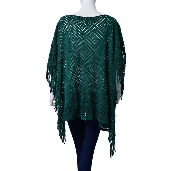 Diamond Pattern Green Colour Poncho with Tassels (Size 80x70 Cm)