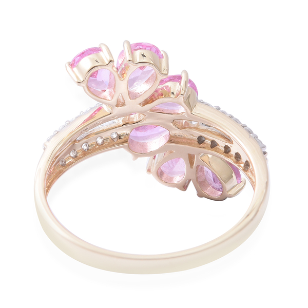 Limited Edition- 9K Yellow Gold AAA Pink Sapphire ( Pear 2.10 Ct), Natural Cambodian White Zircon Ring 2.500 Ct.