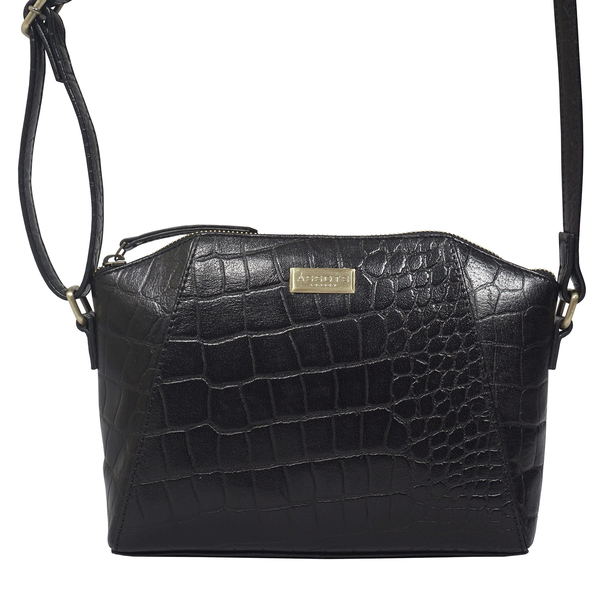 ASSOTS LONDON Mandy Genuine Leather Croc Embossed Crossbody Bag with Shoulder Strap - Black