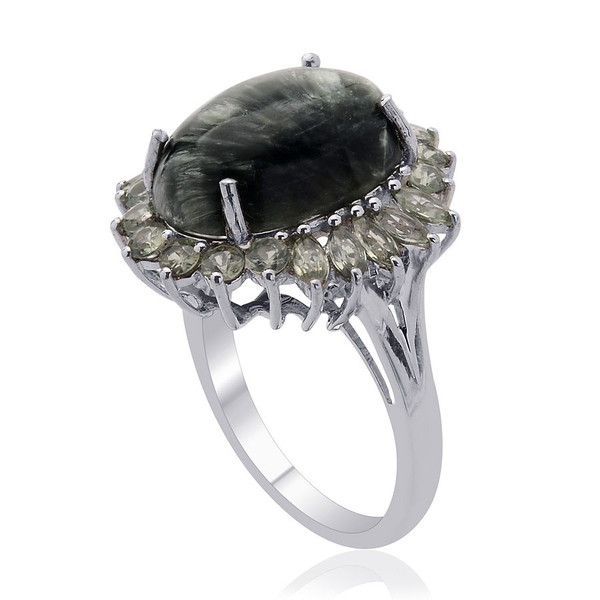 Siberian Seraphinite (Ovl 7.00 Ct) Green Sapphire Ring in Platinum Overlay Sterling Silver  8.500 Ct.