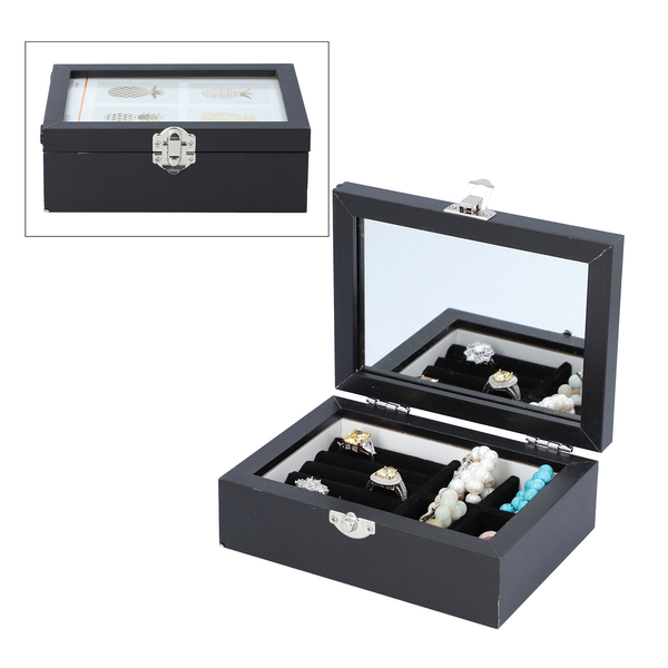 Black Colour Jewellery Box with Photo Frame on Top, Mirror Inside and Latch Clip (16x11.5x5.5cm)