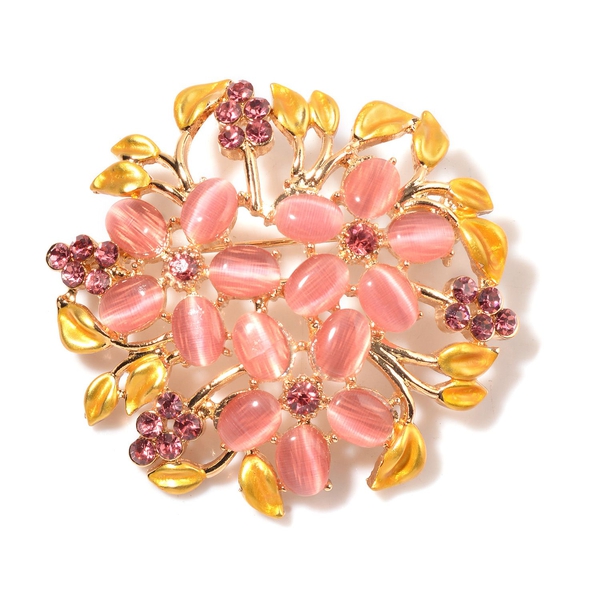 Simulated Pink Cats Eye and Pink Austrian Crystal Floral Brooch in Gold Tone