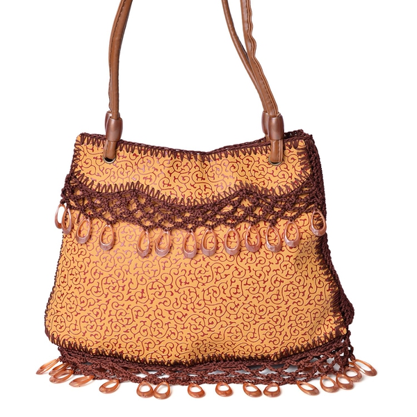 Crochet Lace and Dangling Charms Embellished Chocolate and Yellow Colour Scroll Vine Pattern Tote Ba