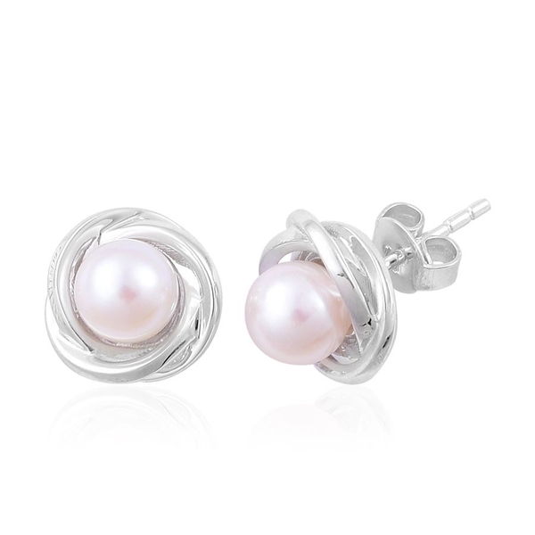 Japanese Akoya Pearl (Rnd) Stud Earrings (with Push Back) in Platinum Overlay Sterling Silver 3.250 