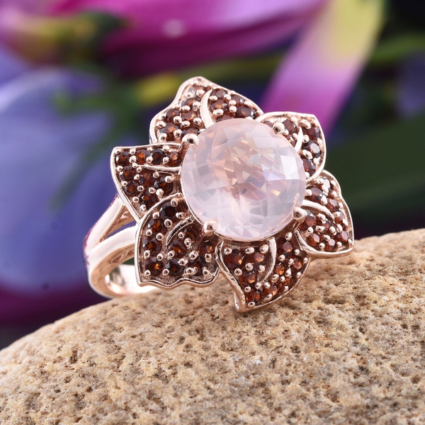 Stefy Rose Quartz (Rnd 5.50 Ct), Mozambique Garnet and Pink Sapphire Floral Ring in Rose Gold Overlay Sterling Silver 7.010 Ct.