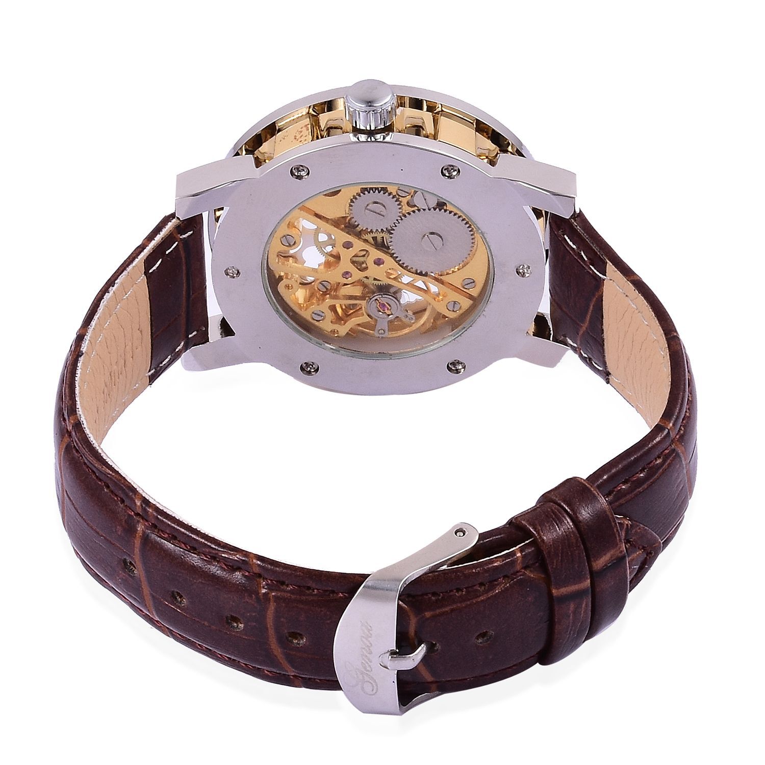 GENOA Automatic Skeleton White and Golden Dial Water Resistant Watch in Silver Tone with Stainless Steel Back and Black Strap