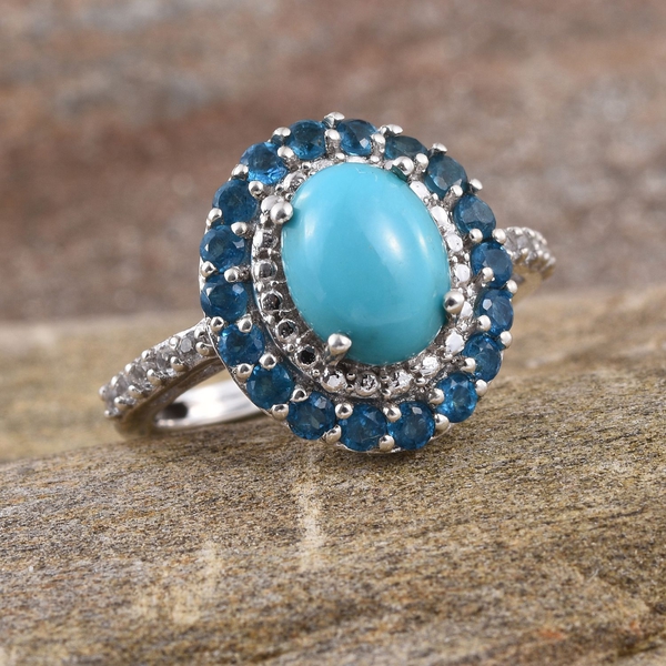 Sonoran Turquoise (Ovl 1.50 Ct), Malgache Neon Apatite and White Topaz Ring in Platinum Overlay Sterling Silver 2.250 Ct.