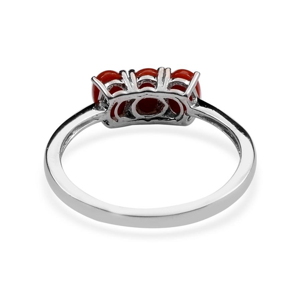 Natural Mediterranean Coral (Ovl) Trilogy Ring in Platinum Overlay Sterling Silver 1.650 Ct.