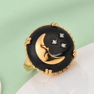 GP - Black Jade, Natural Cambodian Zircon and Blue Sapphire Crescent Moon and Star Ring in 14K Gold 