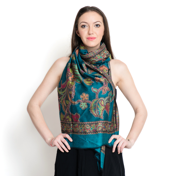100% Modal Multi Colour Floral, Leaves and Paisley Pattern Turquoise Colour Jacquard Scarf (Size 190