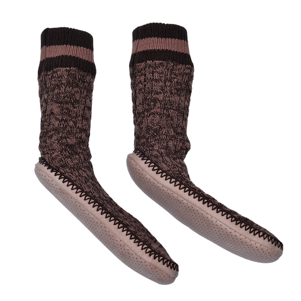 Antislip Indoor Knitted Slippers with Fur Lining - Brown