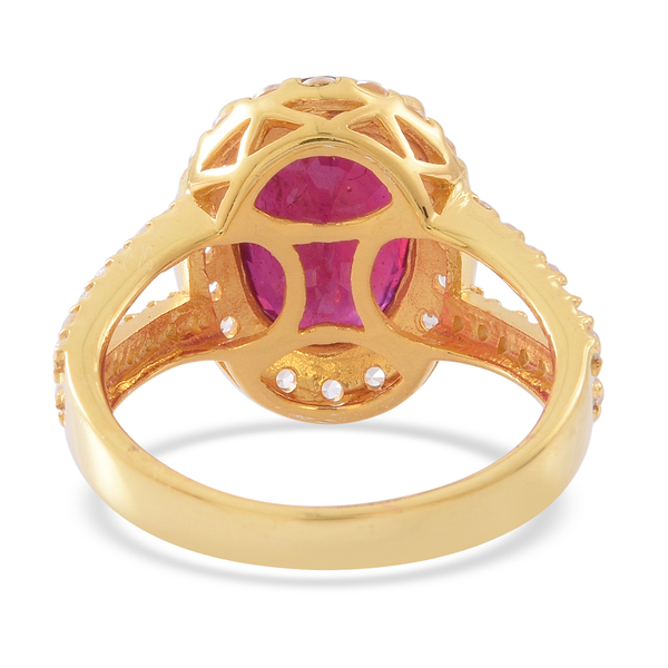 Designer Inspired-African Ruby (Ovl 14x10 mm), Natural White Cambodian Zircon Ring in 14K Gold Overlay Sterling Silver 10.250 Ct.