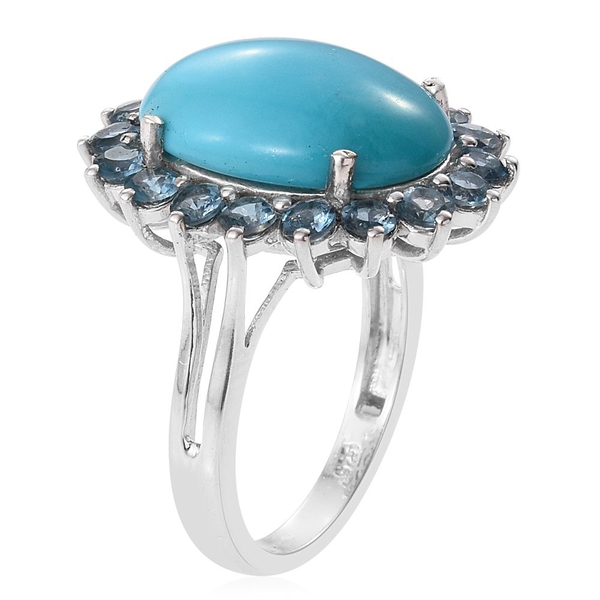 Arizona Sleeping Beauty Turquoise (Ovl 5.50 Ct), London Blue Topaz Flower Ring in Platinum Overlay Sterling Silver 7.250 Ct.
