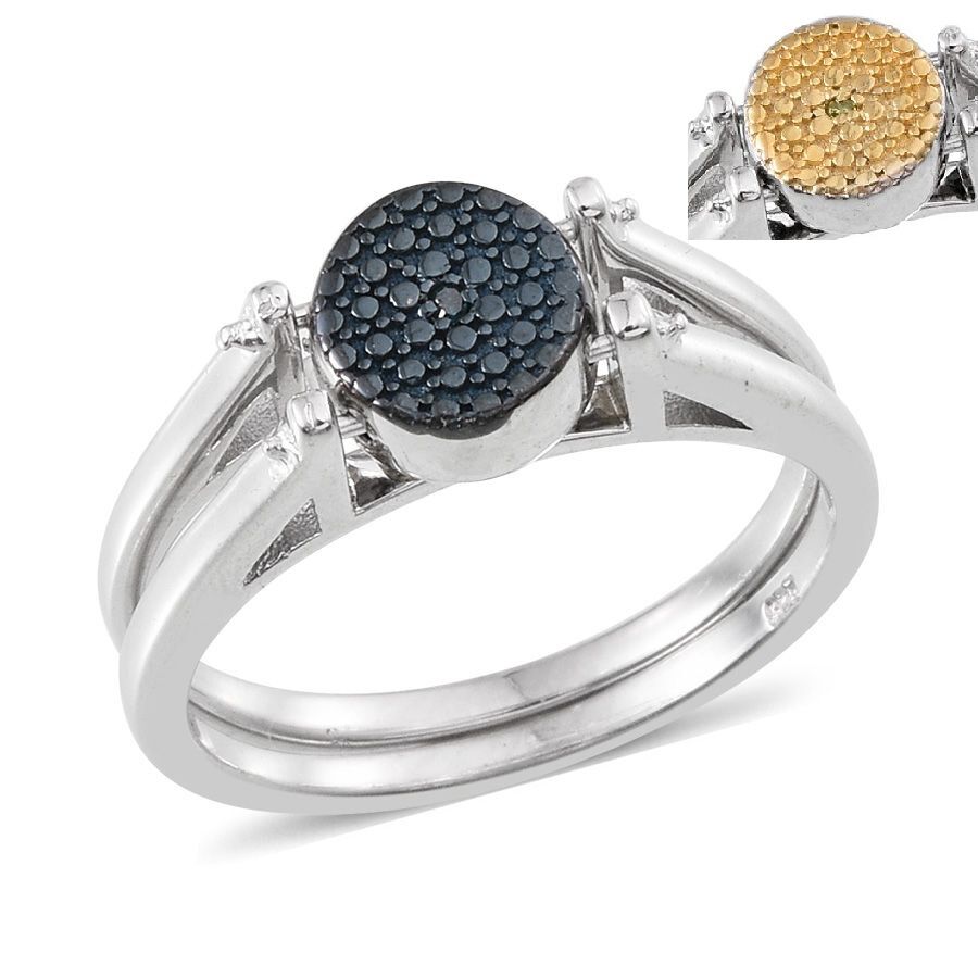 Blue Diamond (Rnd), Yellow Diamond Reversible Ring in Platinum Overlay Sterling Silver