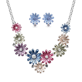 2 Piece Set -  White Austrian Crystal Lily Floral Necklace (Size - 20 With 2 Inch Extender) and Earr