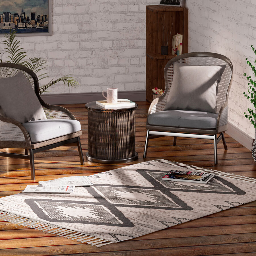 Cotton Blend Ikat Pattern Rugs With Tassel Multipurpose Carpet (Size 175X116 Cm) -  Beige & Green