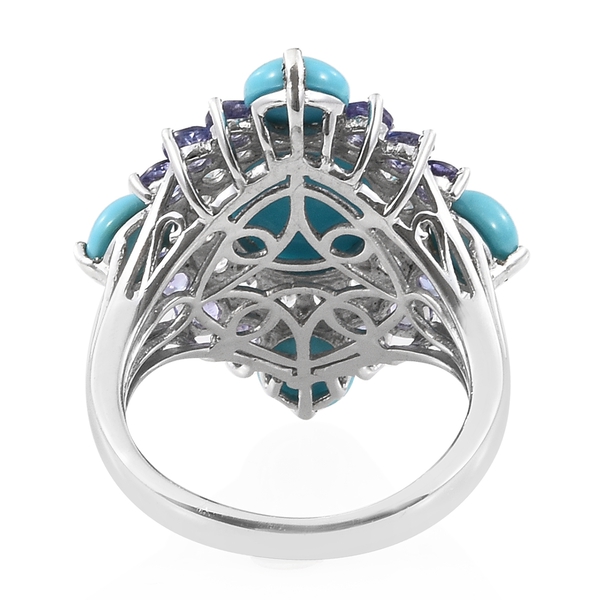 Arizona Sleeping Beauty Turquoise (Ovl 3.45 Ct), Tanzanite and Natural Cambodian Zircon Floral Ring in Platinum Overlay Sterling Silver 9.250 Ct. Silver wt 6.49 Gms.