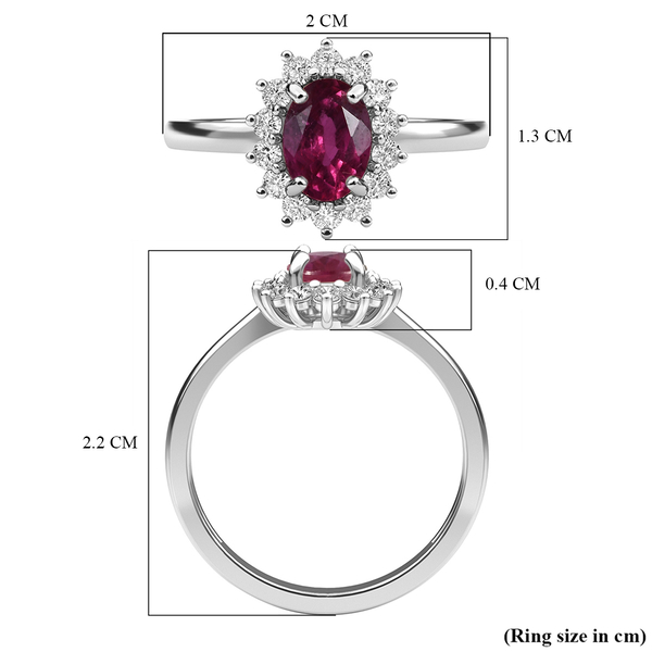 Ruby (FF) and Natural Cambodian Zircon Halo Ring in Platinum Overlay Sterling Silver 1.727 Ct.