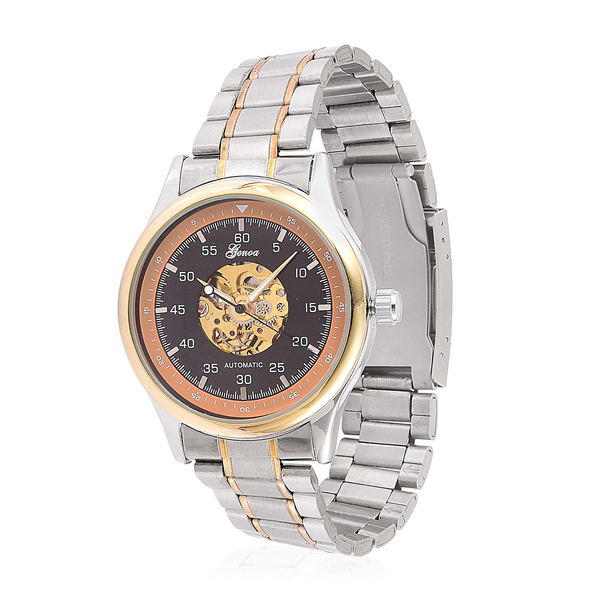 GENOA Automatic Skeleton Black Dial Watch in Yellow Gold and Silver Tone with Stainless Steel and Gl