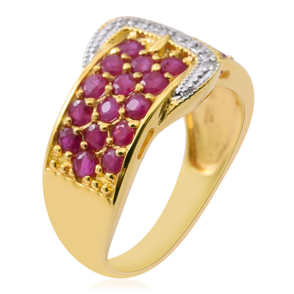 Ruby (Rnd), Natural White Cambodian Zircon Buckle Ring in 14K Gold Overlay Sterling Silver 2.250 Ct. Silver wt 4.50 Gms.