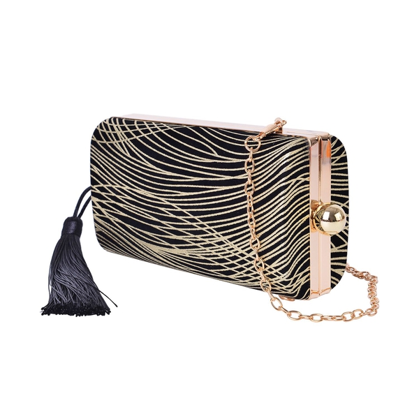 Black and Golden Colour Stripes Pattern Velvet Clutch Bag with Chain Strap in Gold Tone (Size 16X8.5X5.5 Cm)