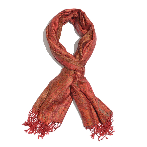 SILK MARK - 100% Superfine Silk Orange, Red and Multi Colour Jacquard Jamawar Scarf with Tassels (Size 180x70 Cm) (Weight 125- 140 Gms) (Weight 125 - 140 Gms)