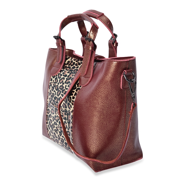 100% Genuine Leather Leopard Pattern Middle Size Tote Bag with Detachable Shoulder Strap (Size 38x25x13 Cm) - Brown