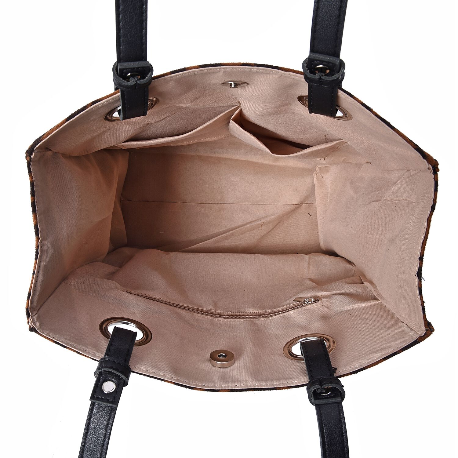 Leopard Pattern Velvet Tote Bag with Magnetic Closure (Size 29x28x12 Cm) - Brown