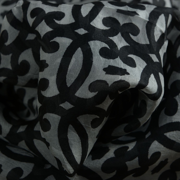 100% Mulberry Silk Black Colour Geometrical Pattern White Colour Scarf (Size 180x100 Cm)