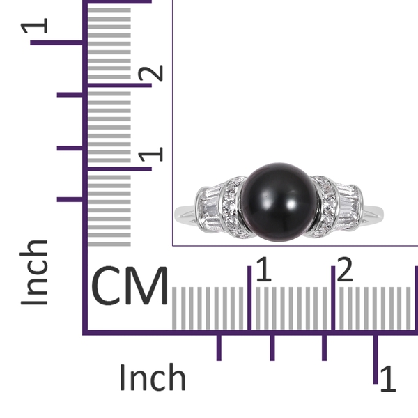 One Time Deal-Tahitian Pearl (Rnd 8-9 mm), White Topaz Ring in Rhodium Overlay Sterling Silver