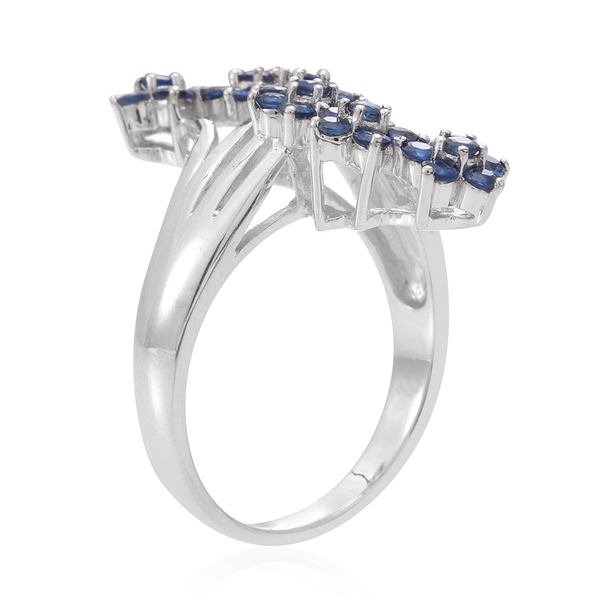 Kanchanaburi Blue Sapphire (Rnd) Floral Crossover Ring in Rhodium Plated Sterling Silver 1.750 Ct.