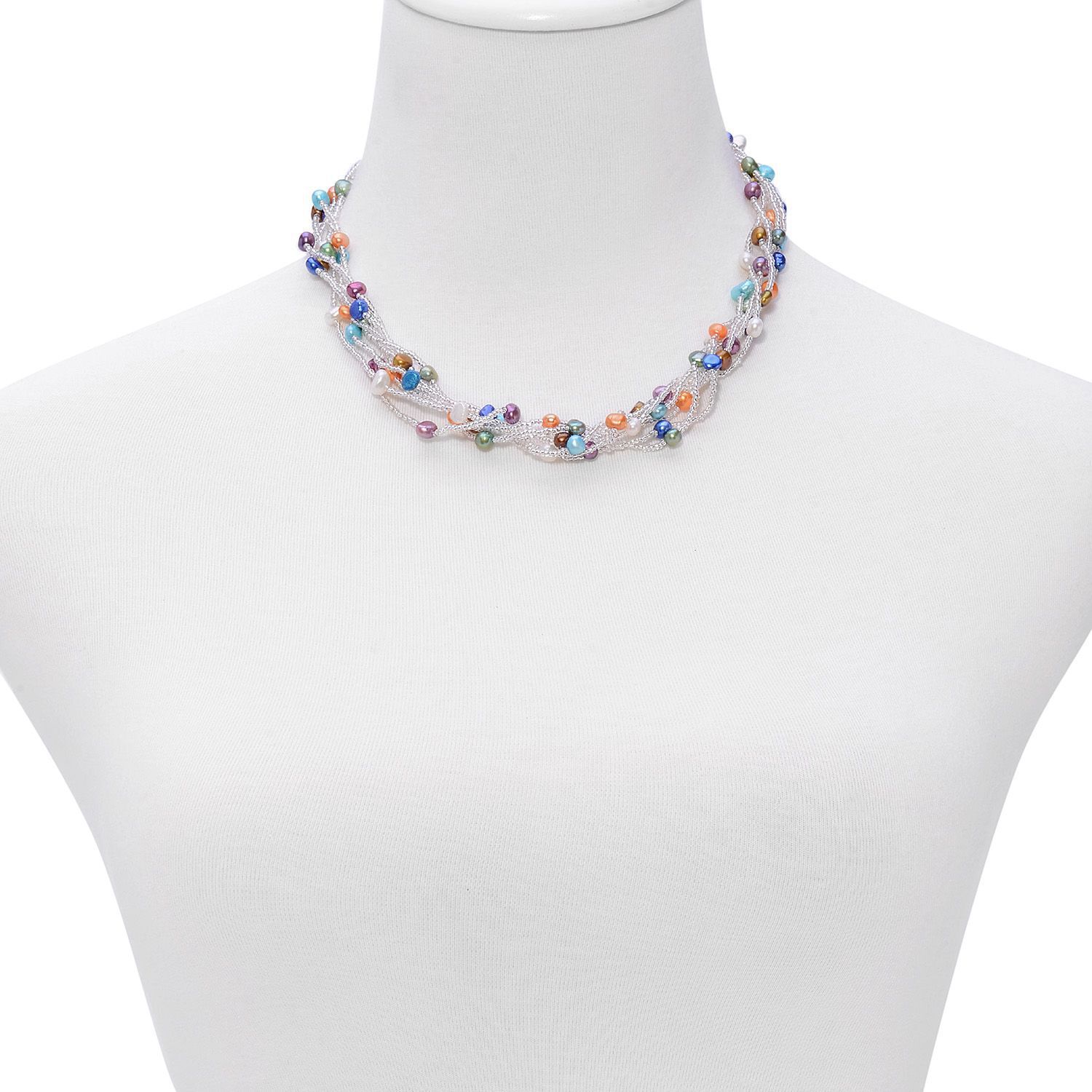 Fresh Water Multi Colour Pearl and White Glass Necklace (Size 18) and Bracelet (Size 7.50) in Silver Tone 37.000 Ct.