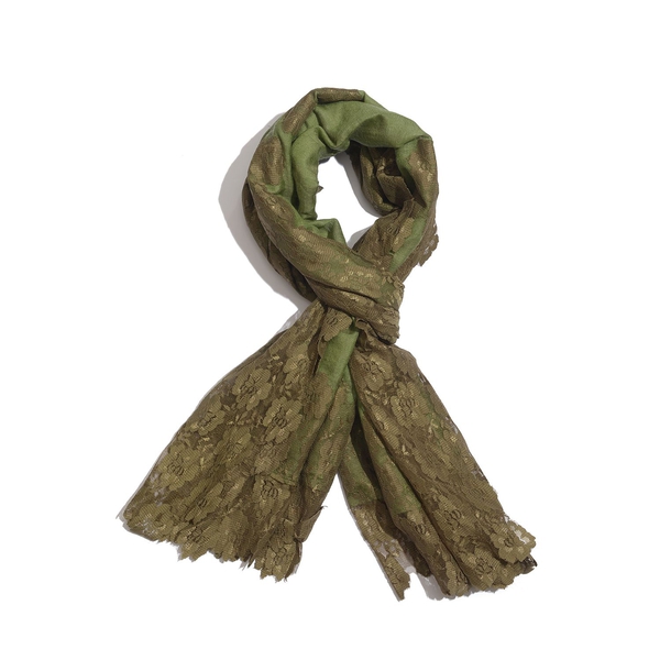 Hand Knitted - (50% Mulberry Silk and 50% Merino Wool) Olive Green Colour Scarf with Dark Green Floral Lace Border (Size 170x75 Cm)