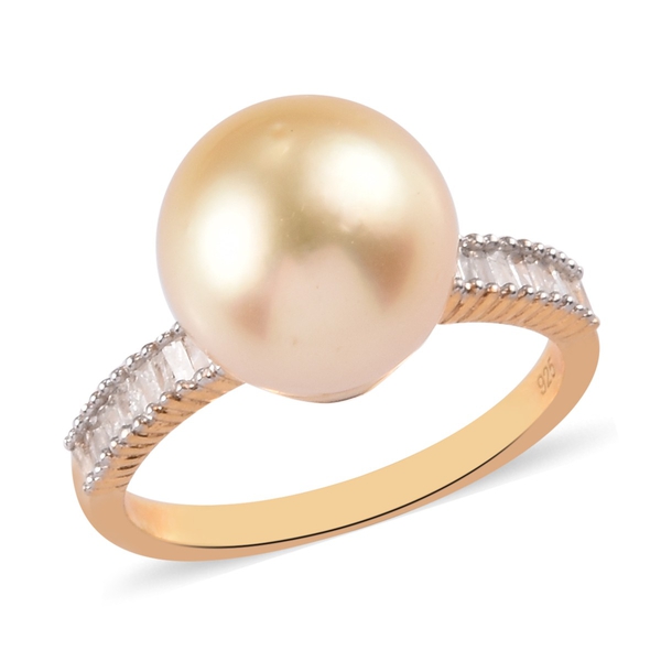 Golden South Sea Pearl and White Diamond Ring in 14K Gold Plated ...