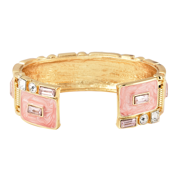 White Austrian Crystal, Simulated Diamond and Simulated Pink Sapphire Enamelled Bangle (Size 7) in Gold Tone