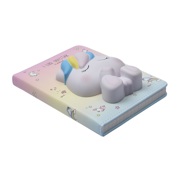 2 Piece Set - Squishy Toy Unicorn Notebook and Pen (Size 18x13x5Cm) - Pink, Yellow & Blue