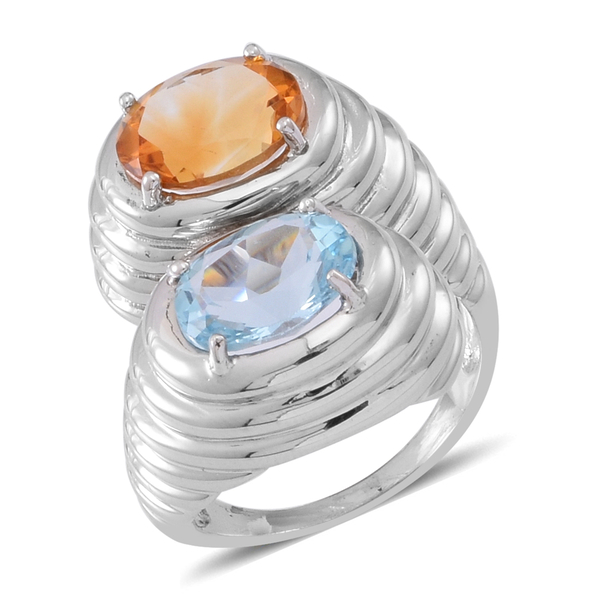 Sky Blue Topaz (Ovl 4.50 Ct), Citrine Crossover Ring in Rhodium Plated Sterling Silver 8.000 Ct.
