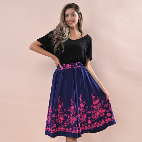 JOVIE Miss Collection 100%Viscose Embroidered Elastic Band Skirt Adorned with Floral Embroidery Blue & Pink